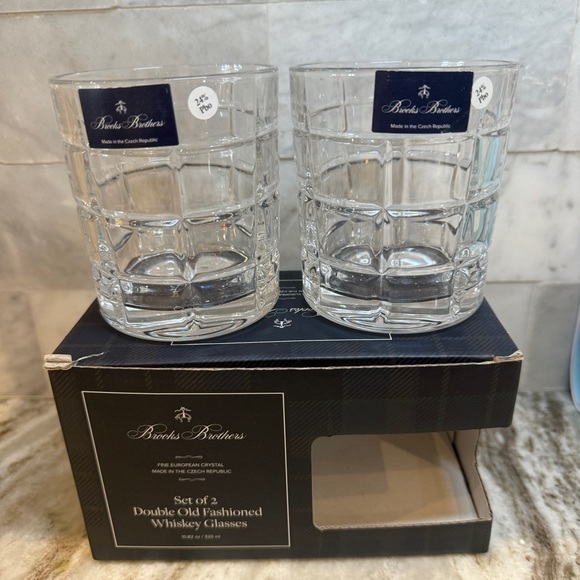 Brooks Brothers Other - Brooks Brothers Tartan Plaid Crystal Double Old Fashioned Whiskey Glass Set 2